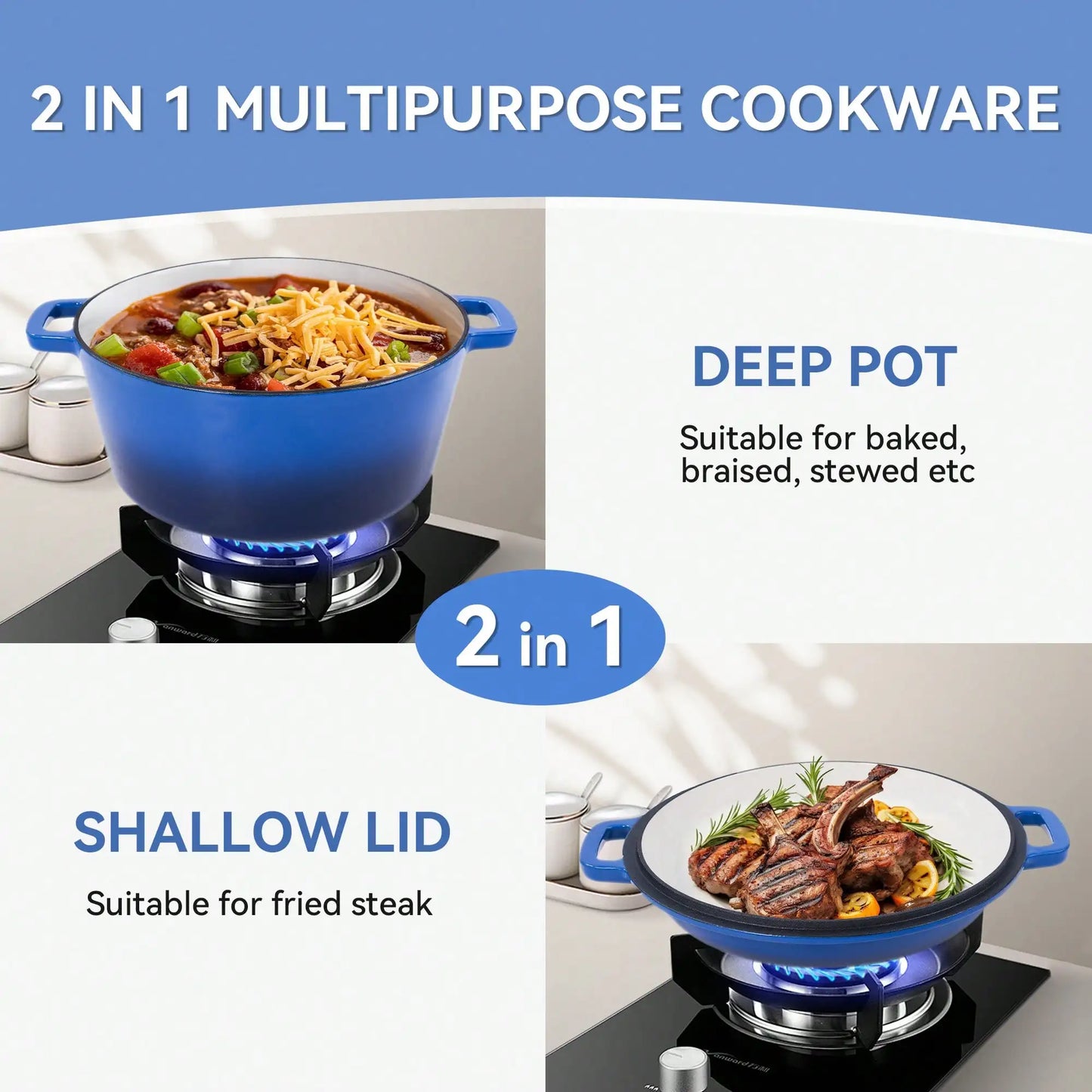 Nalupatio Kerilyn 2-In-1 Enameled Cast Iron Dutch Oven, 6QT Dutch Oven + 2QT Frying Pan Lid, Suitable For Bread Baking, Stewing
