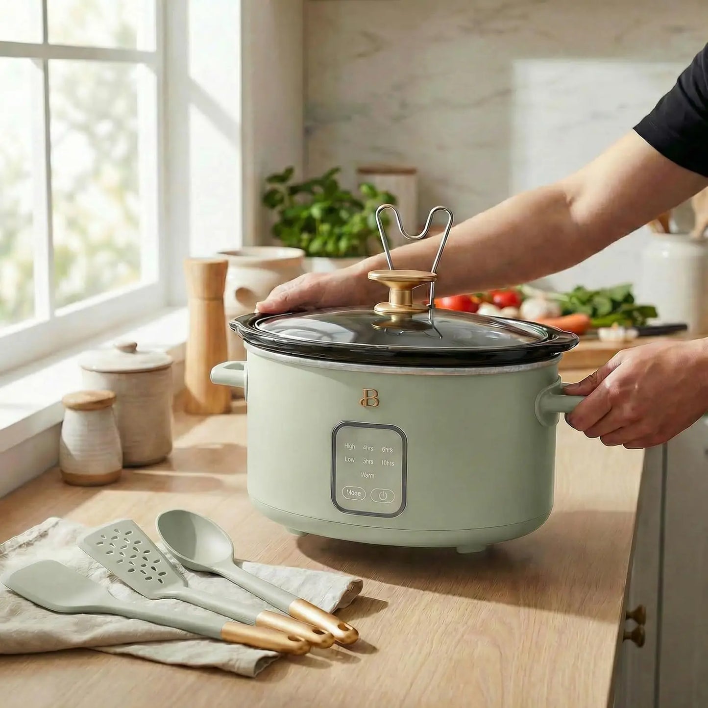 4 Quart Slow Cooker with Touch Activated Display and 3 Piece Silicone Kitchen Utensil Set - Sage