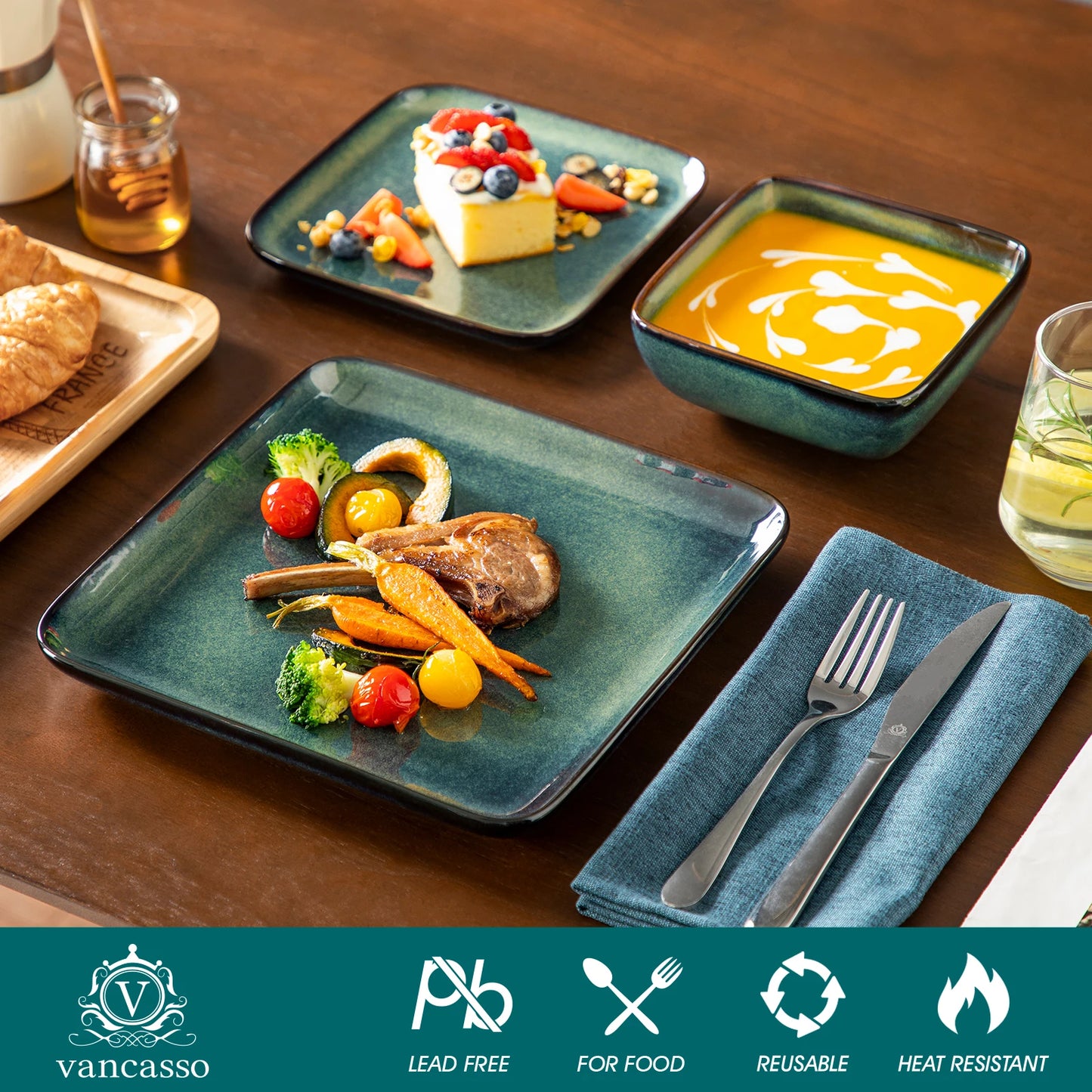 Malacasa Ceramic Dinner Set 12 24 36 Piece Square Reactive Glaze
