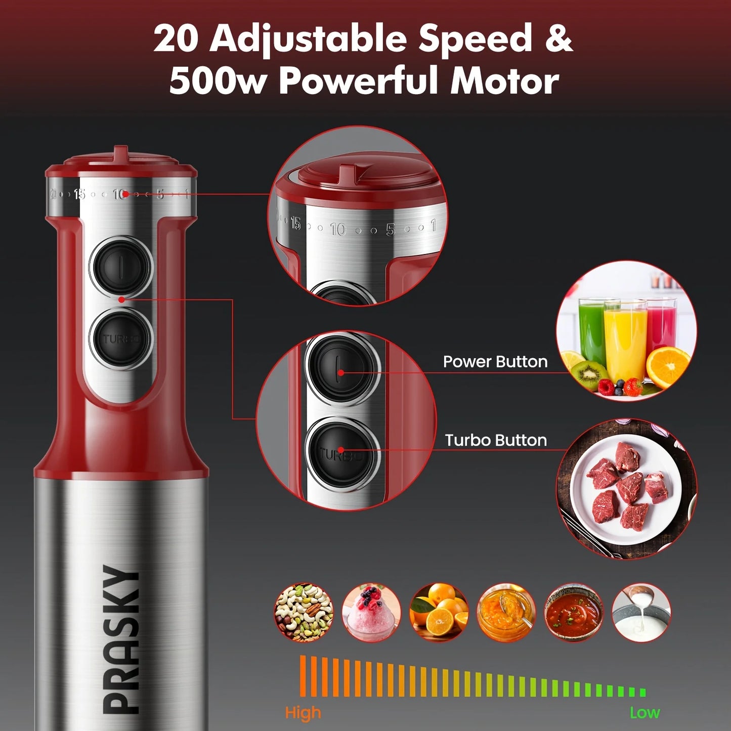 PRASKY 5-in-1 Handheld Immersion Blender with High Power Motor & Multi-Attachment System - Powerful Motor, Whisk, Meat Chopper