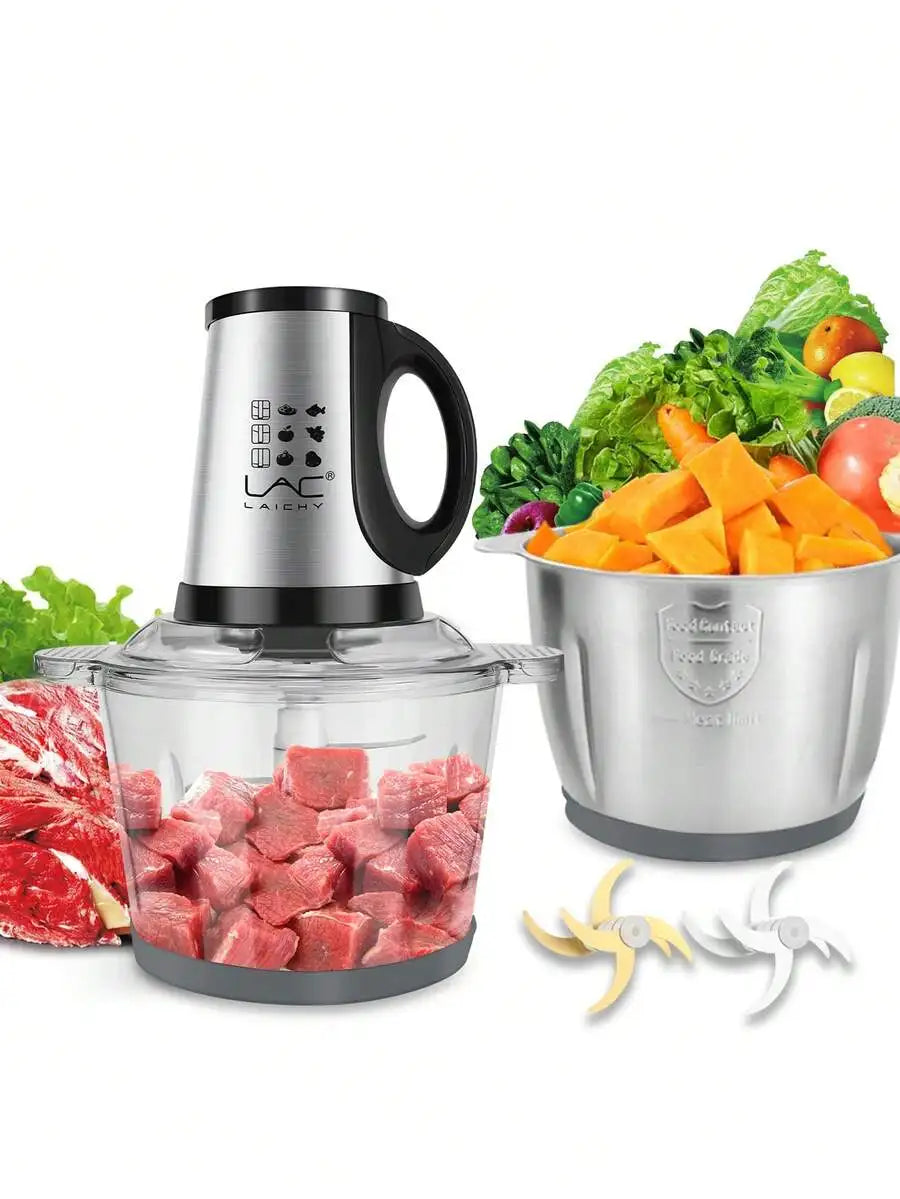 3.8L Large Capacity Electric Meat Grinder, Two Container Stainless Steel & Glass Food Processor With Double 4-Blade System, Food