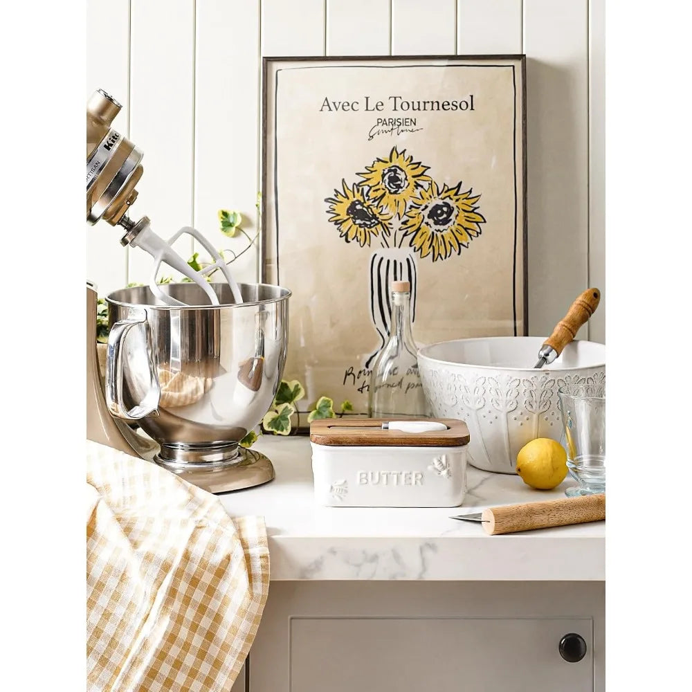 Ceramic Butter Dish with Bee Embossed Design, Acacia Wood Lid & Knife, Farmhouse Style, Airtight, Arctic White