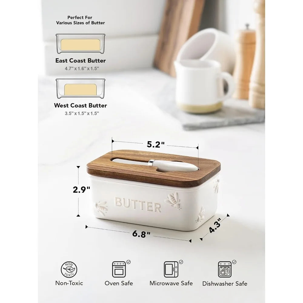 Ceramic Butter Dish with Bee Embossed Design, Acacia Wood Lid & Knife, Farmhouse Style, Airtight, Arctic White