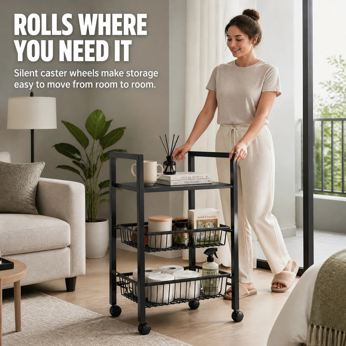 3-Tier Rolling Storage Cart with Flat Top Shelf & 2 Breathable Wire Baskets – Mobile Organizer for Kitchen Bathroom Laundry – Black Metal Utility Trolley with Wheels for Easy Movement
