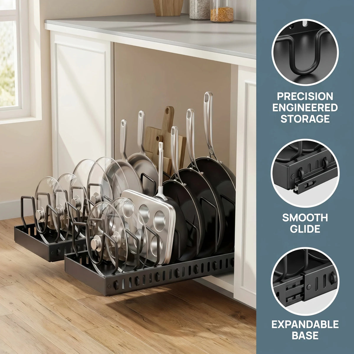 Pull Out Cabinet Organizer With Adjustable Dividers For Pot Lids