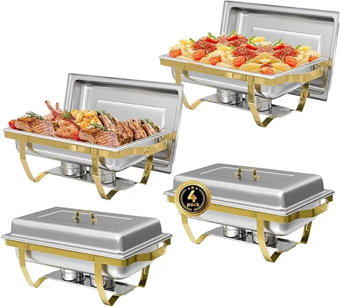 2/4Pack Chafing Dishes Buffet Set Semi-Gold-Plated Stainless Steel 8QT-9QT Rectangular Buffet Warmer Sets for Catering Party