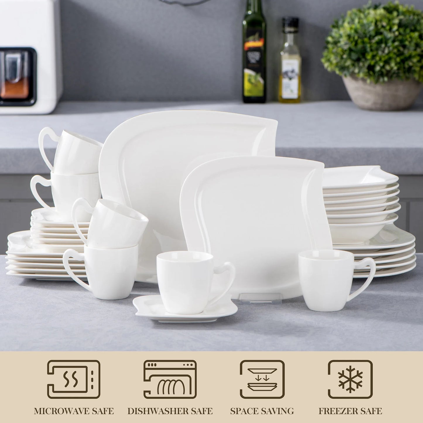 MALACASA Porcelain Dinnerware Set With Cups Saucers Dessert Plates