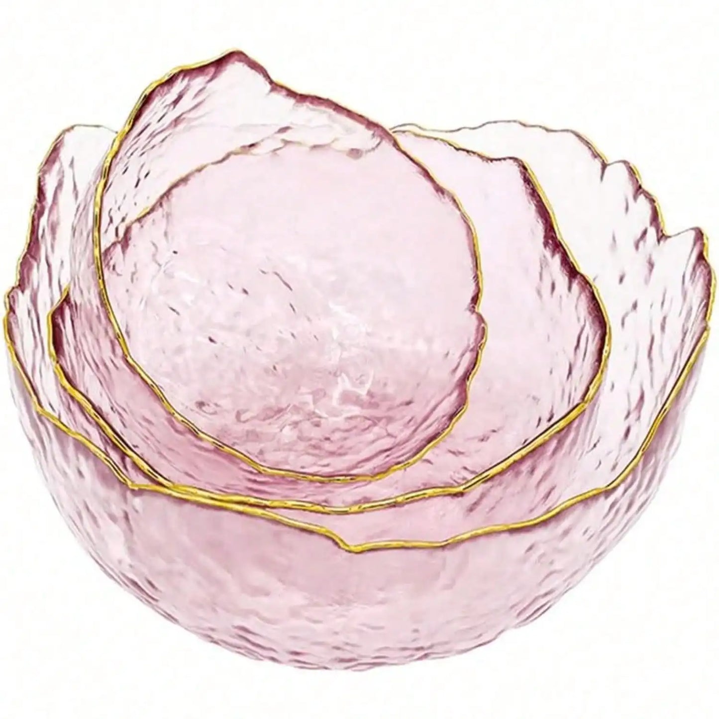 3-Pack Glass Bowls For Kitchen Prep, Nesting Space Saving Set Of Bowls, Pink Crystal Bowl Set, Irregular Shape Glass Bowl For Salad,Ice Cream, Cereal,Dessert, Freezer (Light Pink)