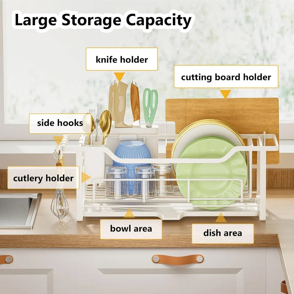 Narrow Auto Drain Dish Rack with Removable Cutlery Basket White