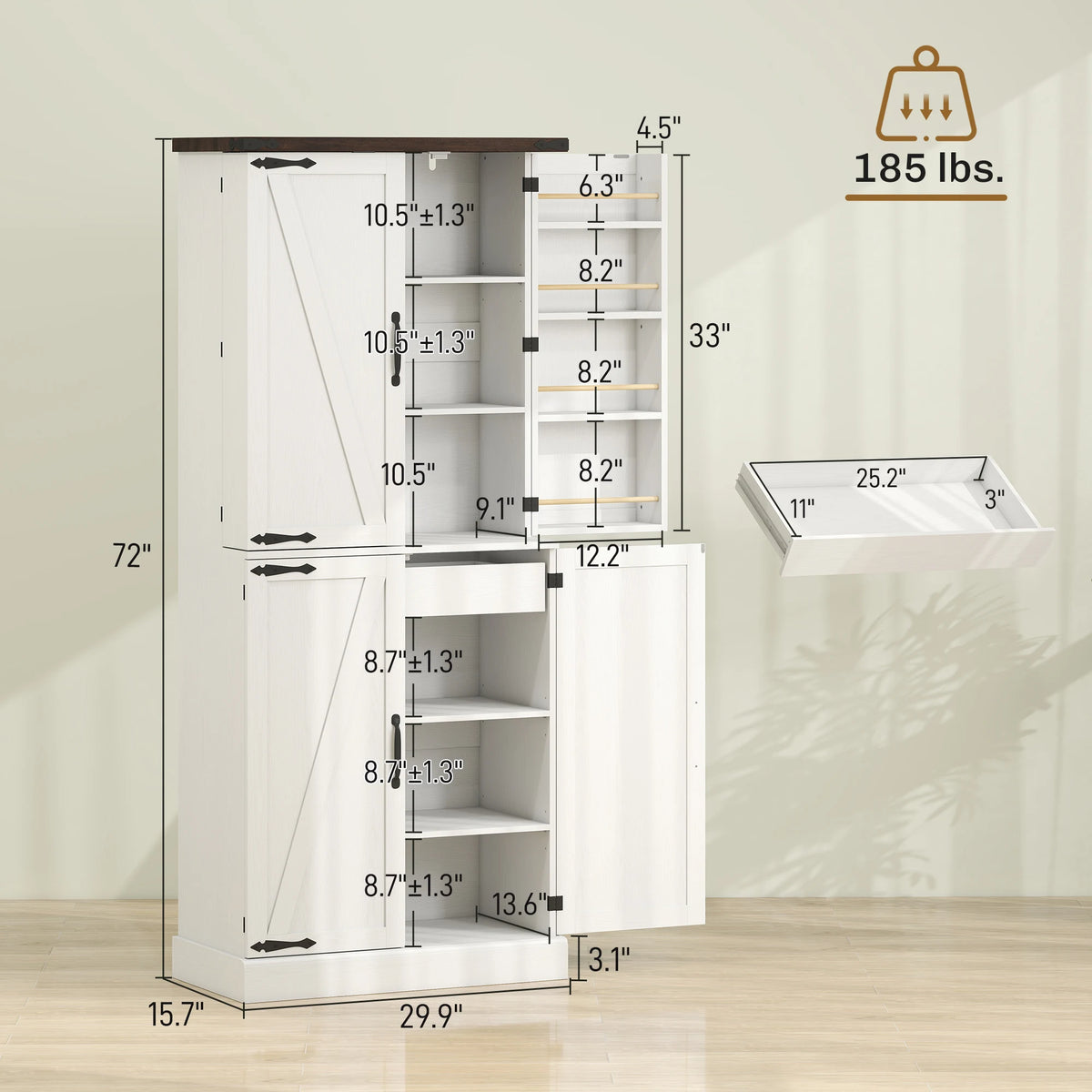 HOMCOM 72" Tall Kitchen Pantry Cabinet, Farmhouse Storage Cabinet with 8 Door Racks and Drawer, Freestanding Food Pantry with Adjustable Shelves and Barn Doors, White