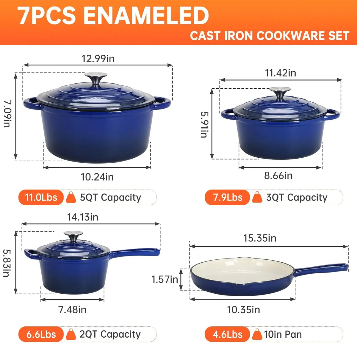 Nonstick Enameled Cast Iron Cookware Set, 7Pcs Pots and Pans Set, Gas/Induction Dutch Oven Set, PFOA & PFAS Free