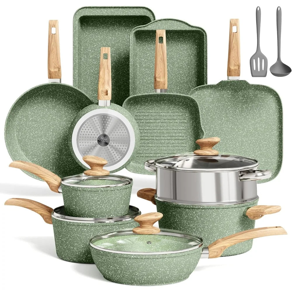 17 Piece Pots and Pans Set Non Stick, Kitchen Cookware Sets with Nonstick Coating, Suitable for Induction Cooktops, Green