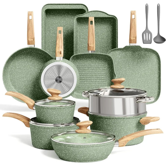 17 Piece Pots and Pans Set Non Stick, Kitchen Cookware Sets with Nonstick Coating, Suitable for Induction Cooktops, Green