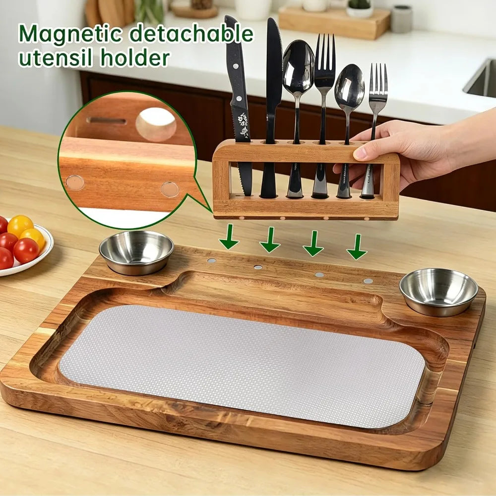16.5" Acacia Wood Steak Board Set, Magnetic Charcuterie Board with Stainless Steel Scratch-Proof Surface, Serving Platter with Cutlery & Sauce Cup
