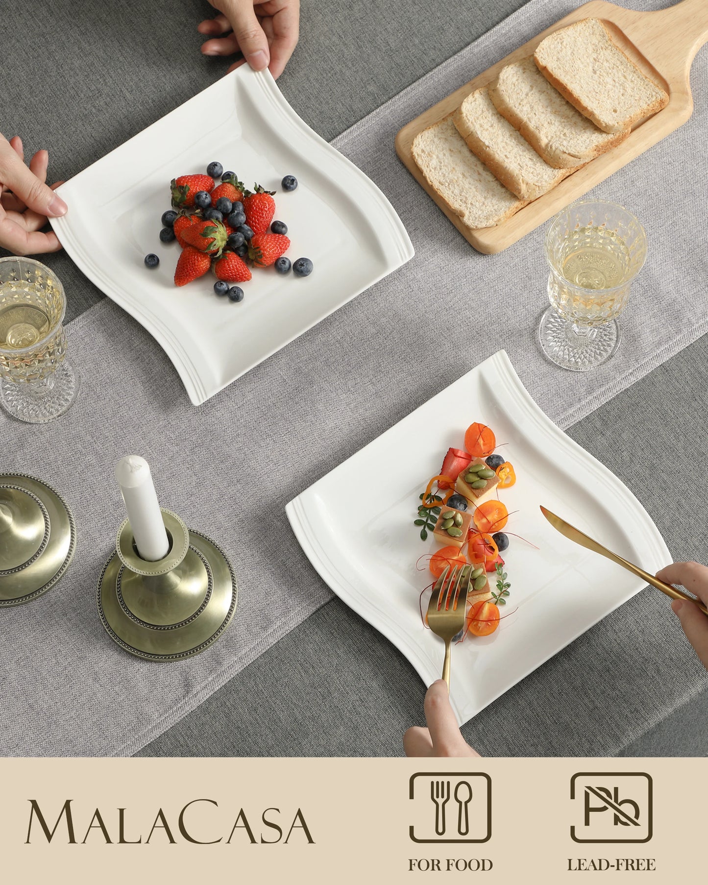 MALACASA, Series Flora, 6/12 Piece 10.25" Ivory White Porcelain China Ceramic Cream White Dinner Plates