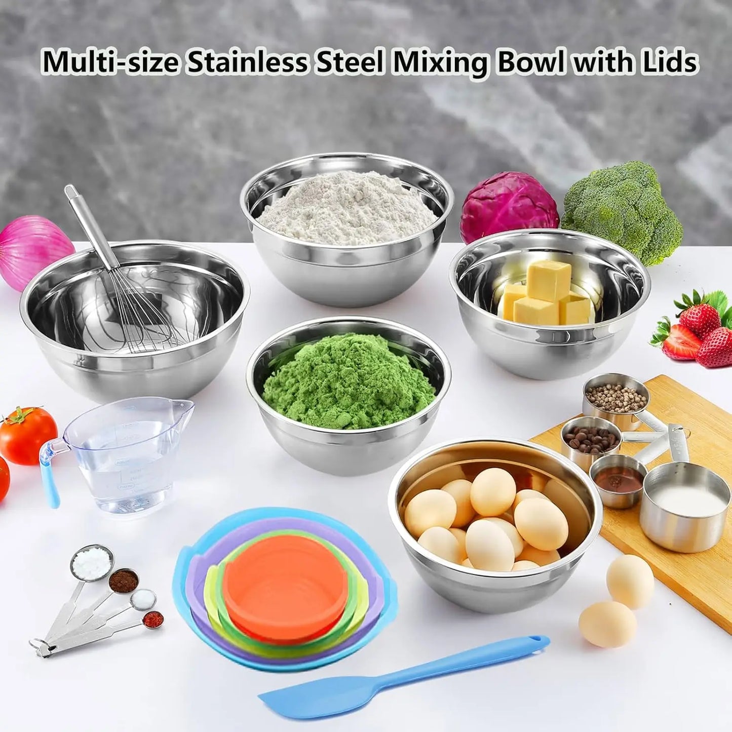 Stainless Steel Mixing Bowls Set with Lids, 22-Piece Nesting Bowls 7/6/4.5/3.5/2.5QT, Measuring Cups and Spoons Baking Storage