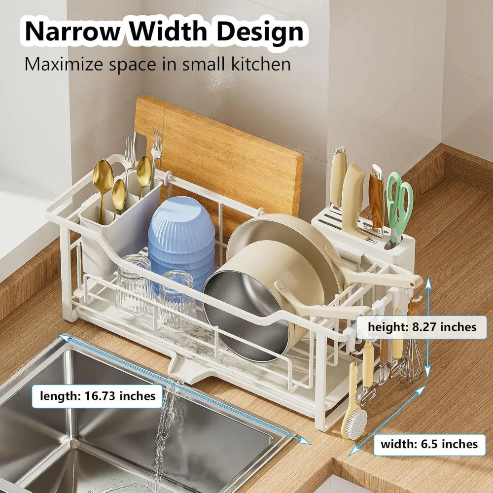 Narrow Auto Drain Dish Rack with Removable Cutlery Basket White