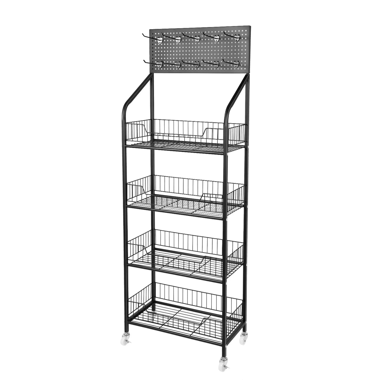 4 Tier Retail Display Rack with Wheel Display Snack Rack Candy Fruit Towel Basket Stand Cart Metal Basket Storage Shelf