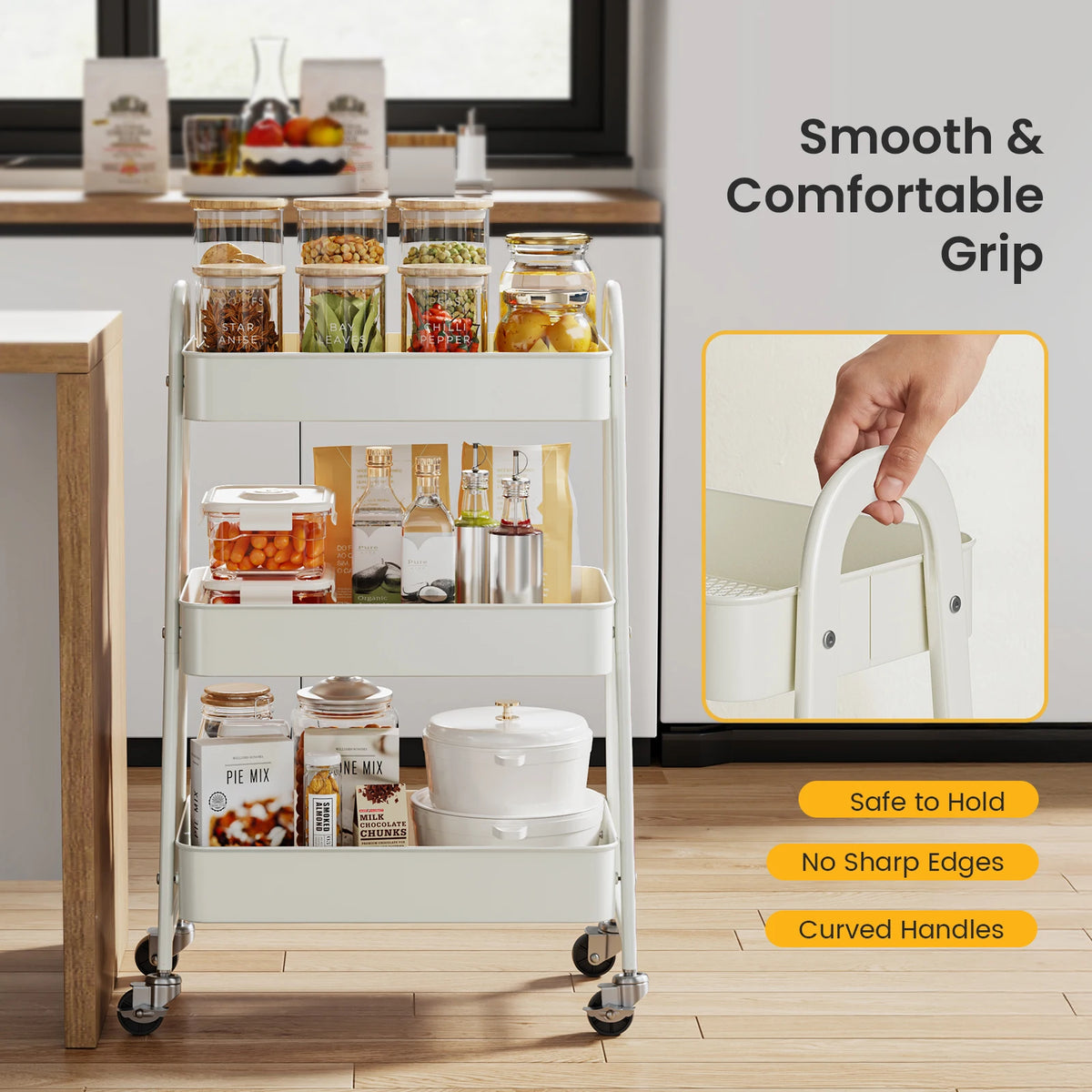 MCQ 3 Tiers Mobile Metal Frame Kitchen Cart Rolling Storage Shelf with Lockable Caster Wheels Organization Utility Cart for Livingroom Kitchen Narrow Places ﻿