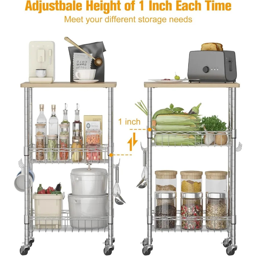 Homeiju Rolling Kitchen Storage Cart, 3-Tier Storage Rack On Caster Wheels With Adjustable 2 Baskets, Coffee Station Cart Rack S