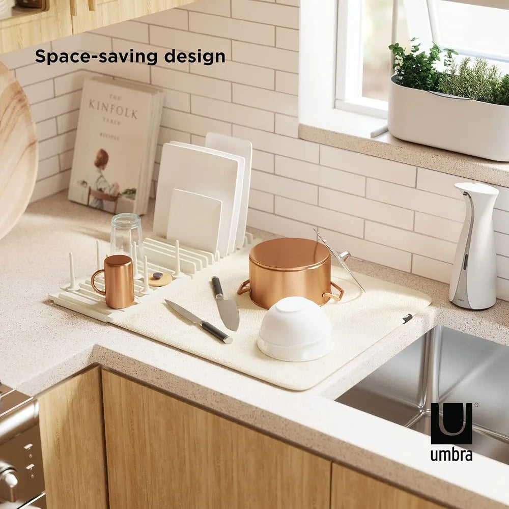 Foldable Dish Rack with Adjustable Pegs and Drying Mat Compact Storage Linen