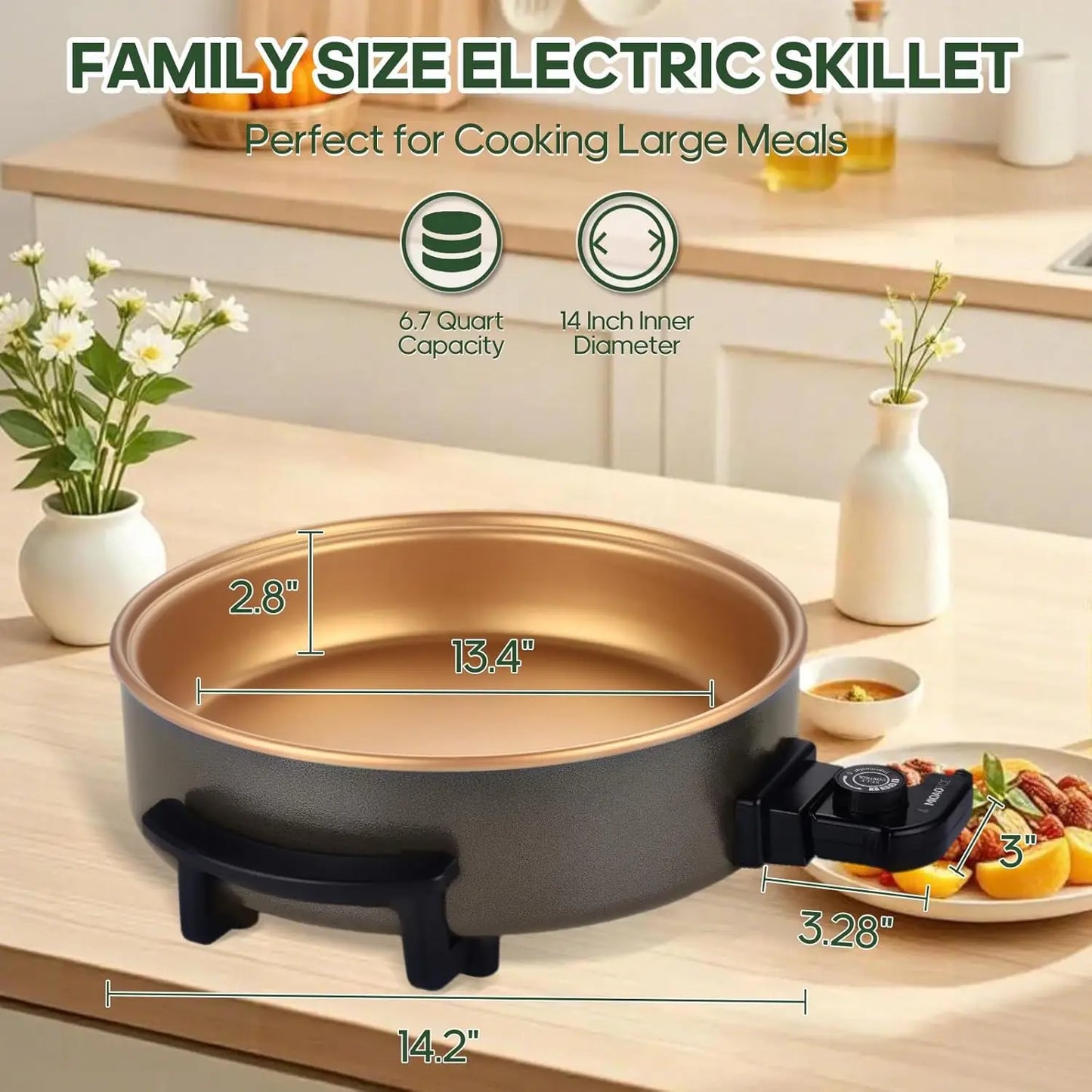 14' Large Electric Skillet with lid, Ceramic Nonstick Coating Electric Frying Pan, 1500W Quick & Even