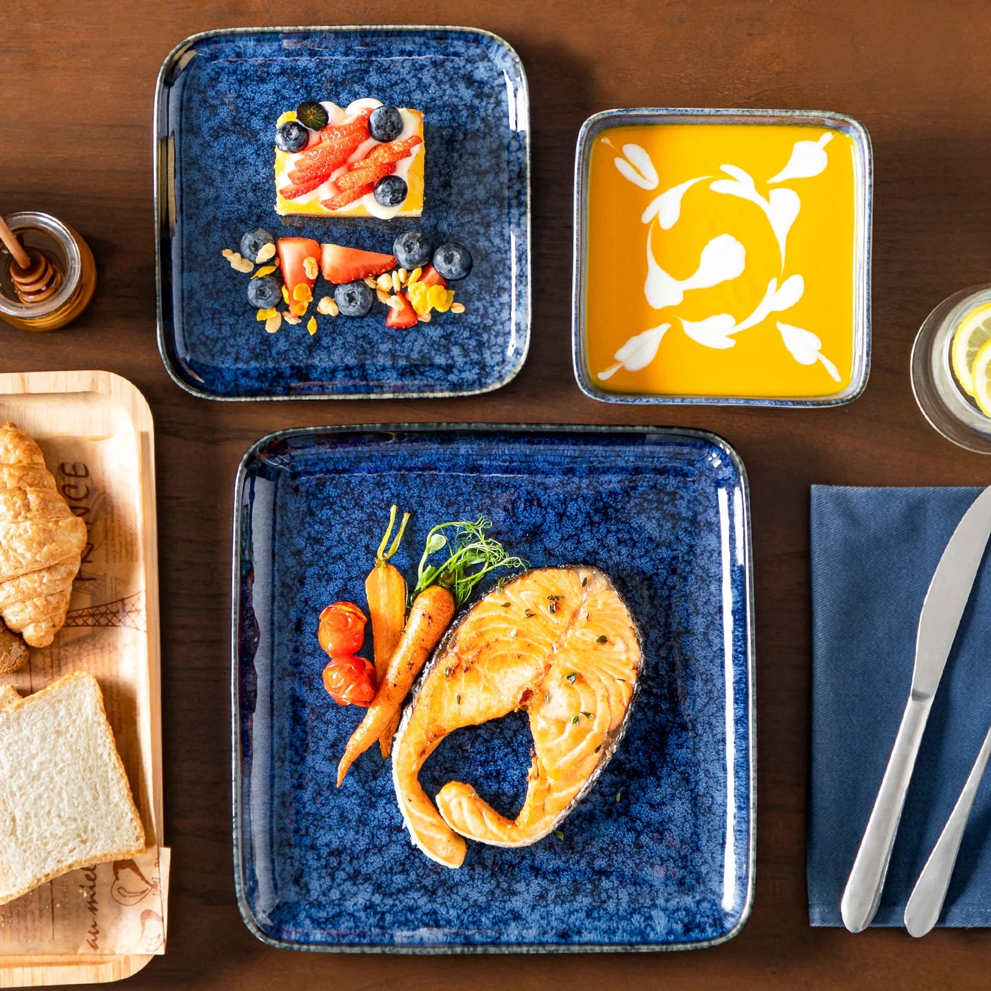 vancasso 12/24/36 Piece Ceramic Dinner Sets Square Blue Reactive Glaze Tableware Set with 4/8/12pcs Dinner Plate/ Dessert/Bowl