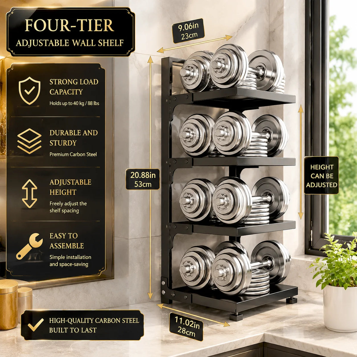 A height-adjustable 2/3/4/5/7-layer adjustable stainless steel kitchen storage rack, kitchen storage shelf, multi-layer drain organizer for pots, pans and tableware, painted finish, black, kitchen storage | shelf, kitchen sin