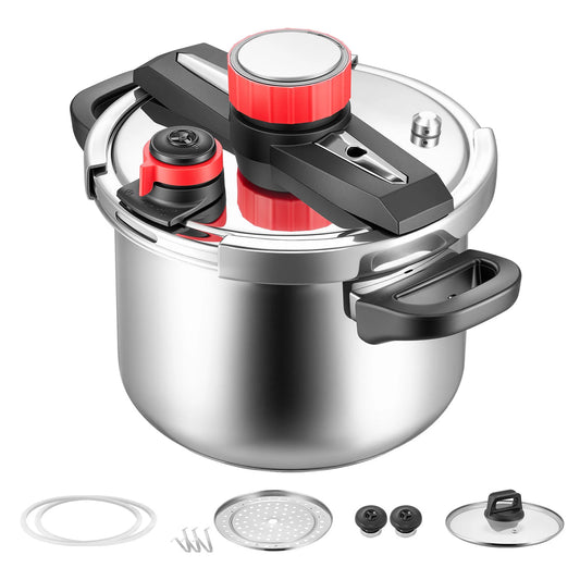 SucceBuy 6.3 8 10 12 Qt Pressure Cooker Stainless Steel Pressures Canner with Steaming Rack Tempered Glass Lid for Meat, Beans,
