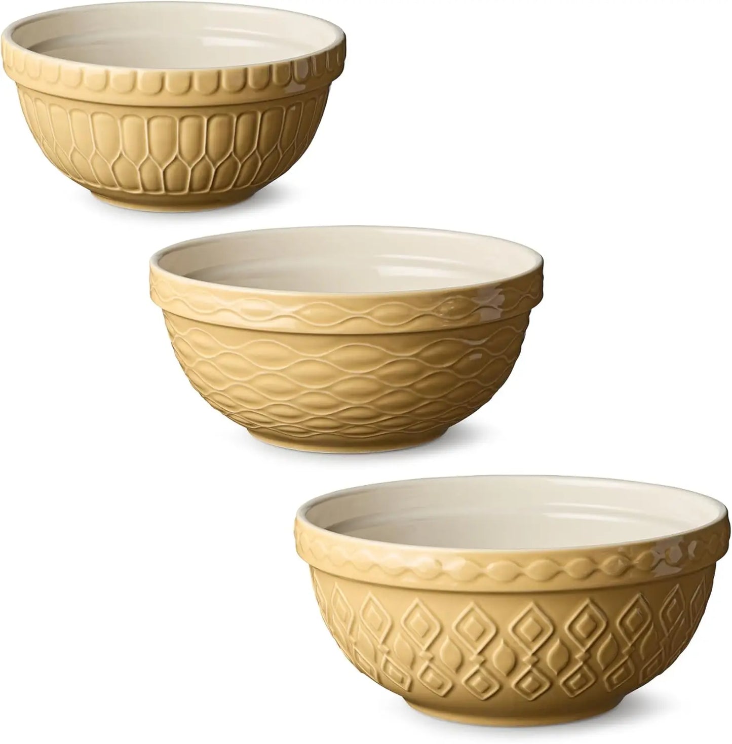 Stoneware Mixing Bowl Set, 3-Piece with Golden-Honey Finish, Nesting Design for Baking & Serving