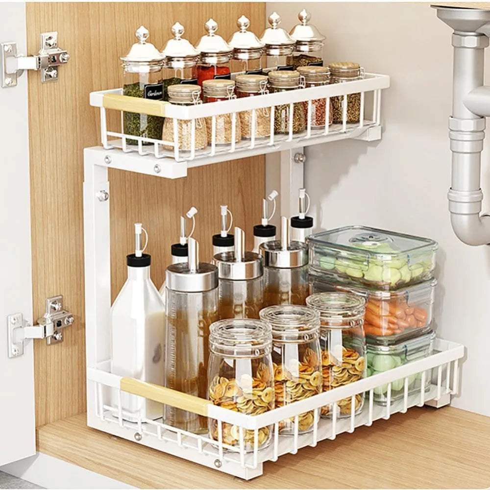 Garvee 2 Tier White/Black Under Sink Organizer Pull Out Sliding Drawer Fixed Metal Storage Rack for Kitchen Bathroom, Cleaning & Spice Organizer