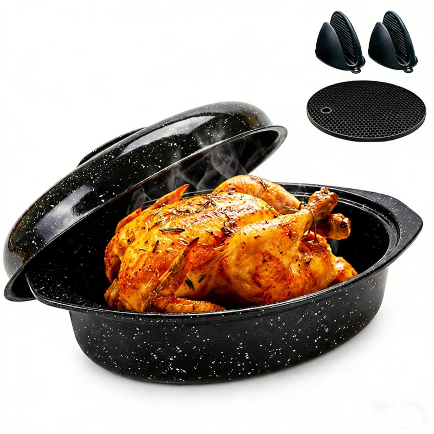 13-Inch Oval Roaster with Lid, Enameled Steel, 7 LB Poultry Capacity, 932°F Heat Resistant, Dishwasher Safe