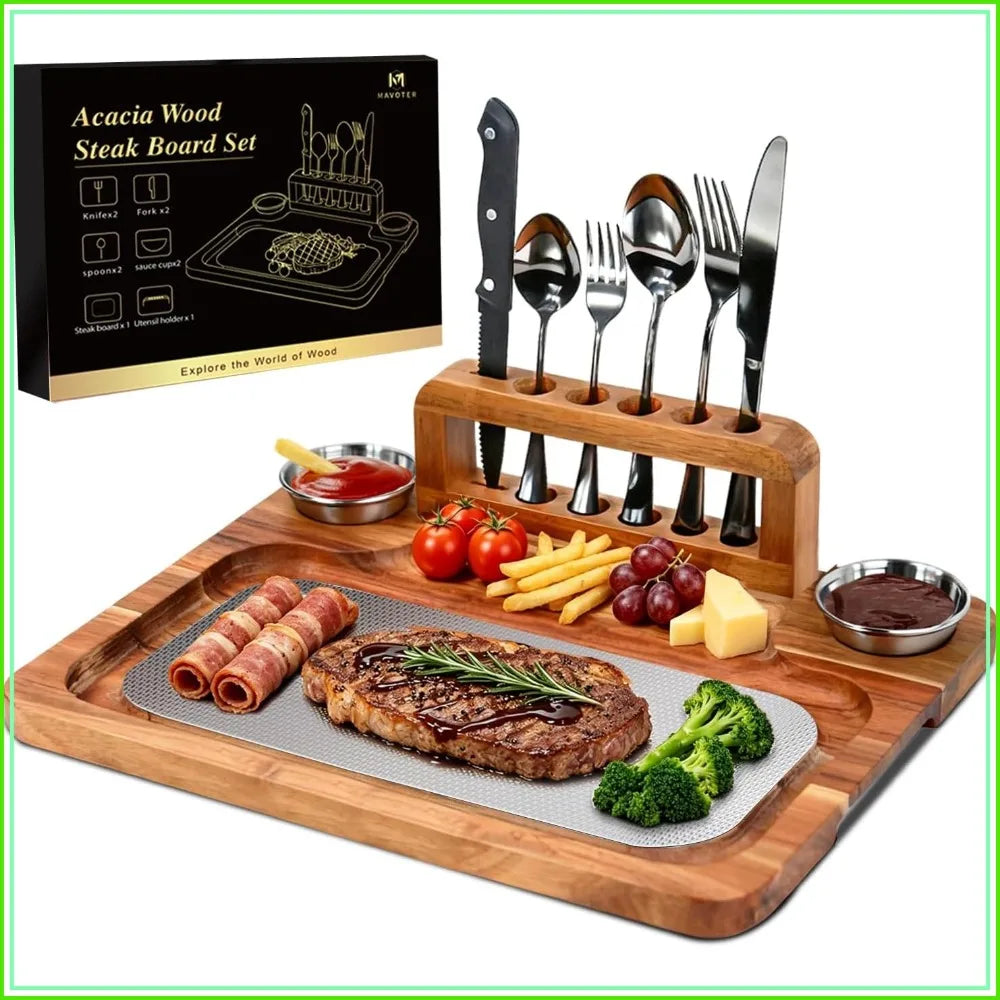 16.5" Acacia Wood Steak Board Set, Magnetic Charcuterie Board with Stainless Steel Scratch-Proof Surface, Serving Platter with Cutlery & Sauce Cup