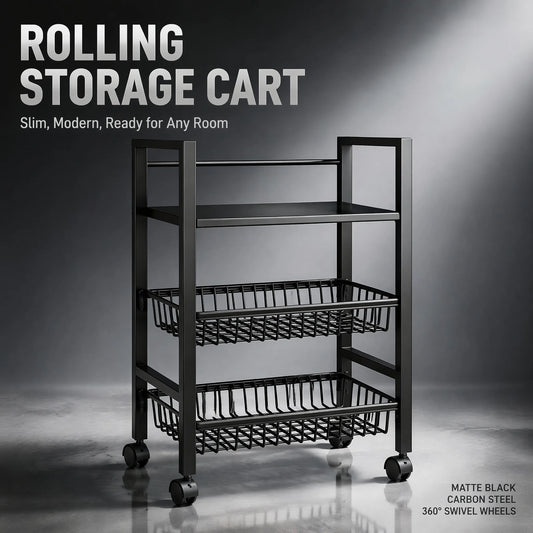 3-Tier Rolling Storage Cart with Flat Top Shelf & 2 Breathable Wire Baskets – Mobile Organizer for Kitchen Bathroom Laundry – Black Metal Utility Trolley with Wheels for Easy Movement