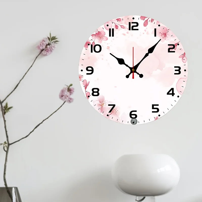 Pink Flower Backdrop Clock - 10inch Wood Veneer Europe and America Style Round Silent Flat Wall Clock - Batteries Not Included -