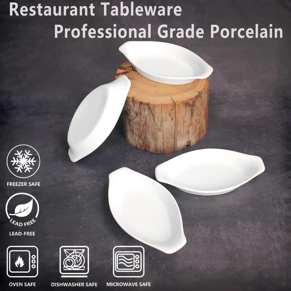 7 oz Ceramic Oval Baking Dish Set of 4, 6.7"L x 4"W, Oven & Microwave Safe, with Handle, for 1-Person Servings