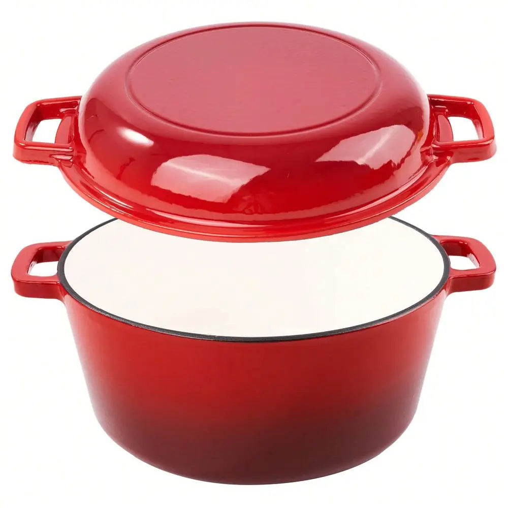 Nalupatio Kerilyn 2-In-1 Enameled Cast Iron Dutch Oven, 6QT Dutch Oven + 2QT Frying Pan Lid, Suitable For Bread Baking, Stewing