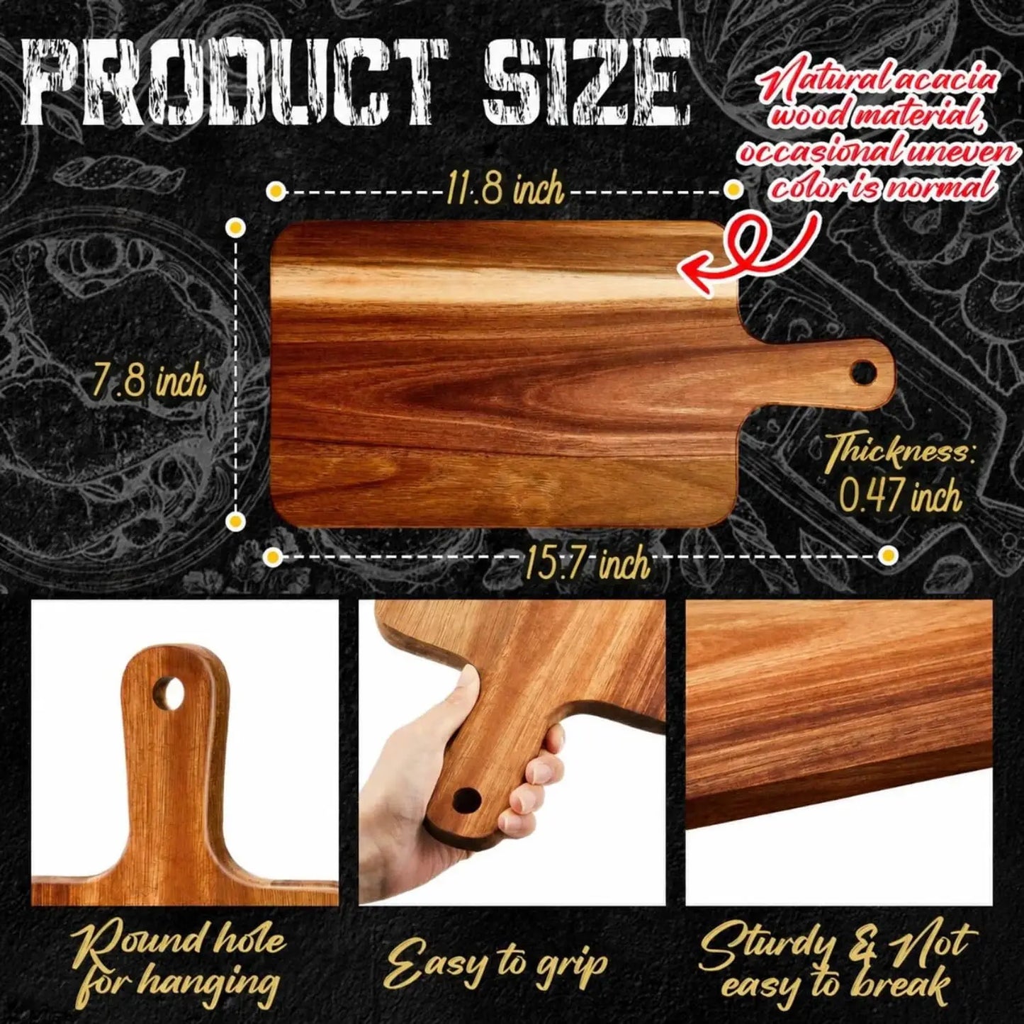 10 Pcs Acacia Wood Cutting Board with Handle 15.7x7.8 Inch Serving Chopping Boards for Pizza Bread Cheese Charcuterie Fruit Vegetables Kitchen