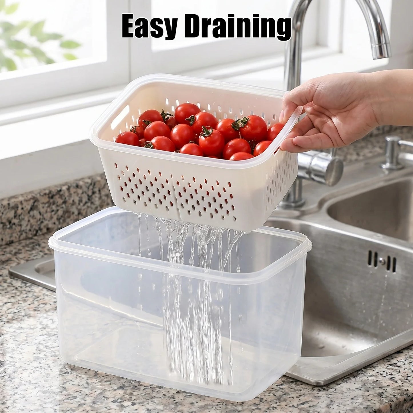 4 Pack Double Layer Fridge Storage Organizer Box PP Leakproof Food Container with Drain Basket Portable Handle Divider Clear Vegetable Fruit Fresh Keeper Refrigerator Organizer Bins