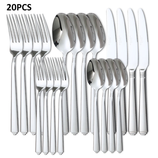 LORENA 20Pcs Stainless Steel Cutlery Set Service for 4 Mirror Polished Flatware Silverware Set Knife Fork Spoon Dishwasher‑Safe For Home Restaurant Party Kitchen Utensils