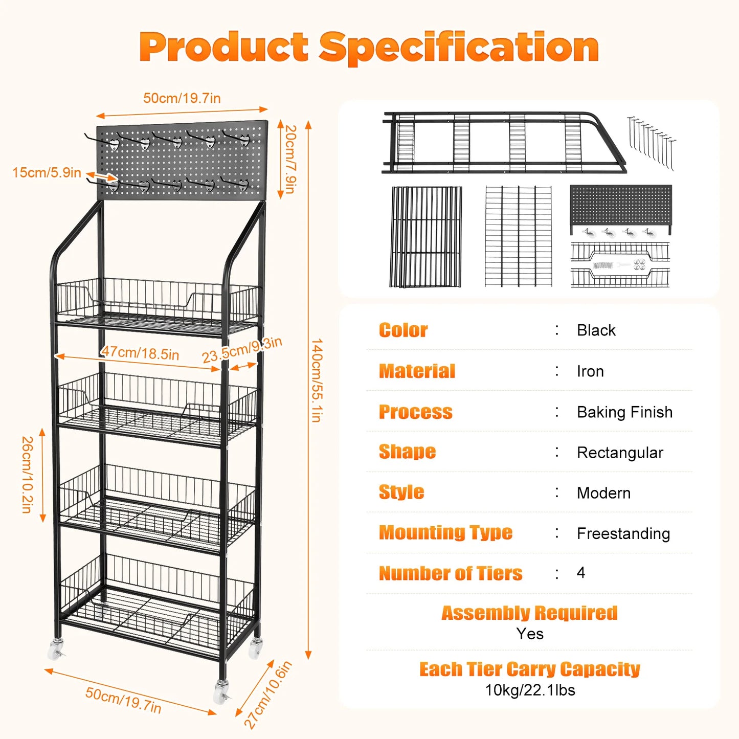 4 Tier Retail Display Rack with Wheel Display Snack Rack Candy Fruit Towel Basket Stand Cart Metal Basket Storage Shelf