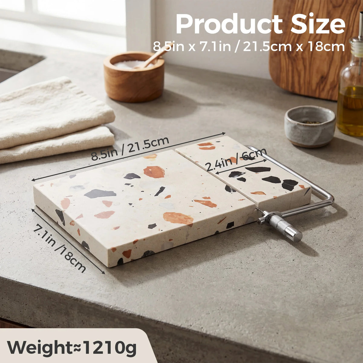 `Cheese Slicer Board, 8.5×7.1 Inch Natural Marble Cheese Cutter with Wire Slicer, Multi-Purpose Food Slicer for Cheese Butter Meat`
