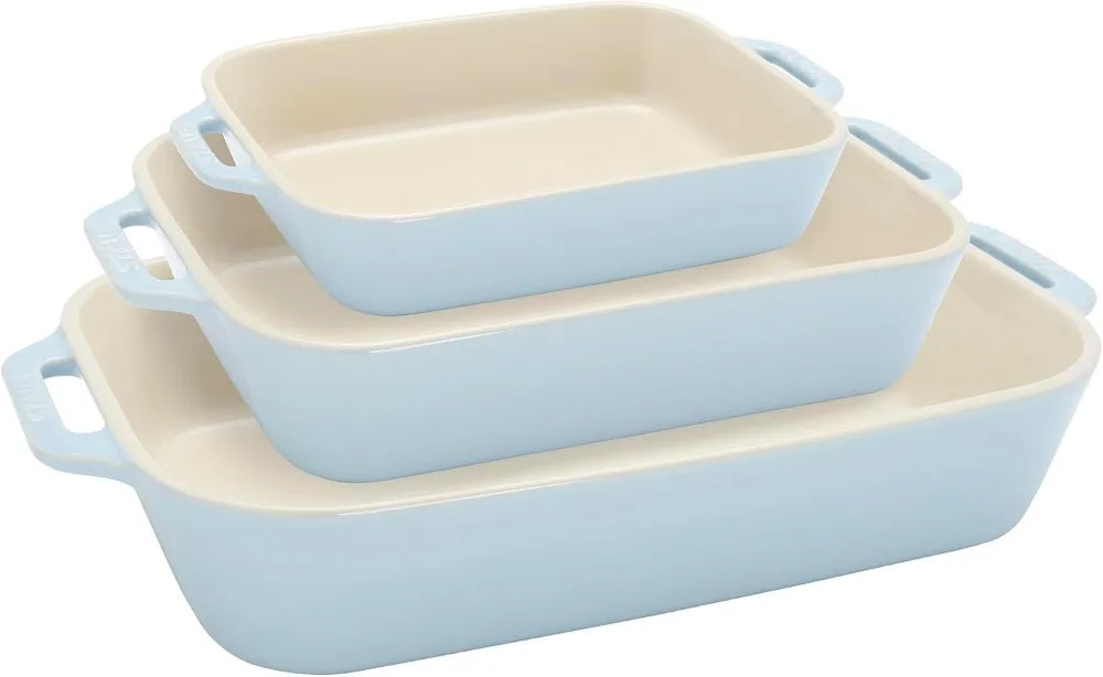 3-Piece Rectangular Baking Dish Set - Nesting Stoneware, Turquoise