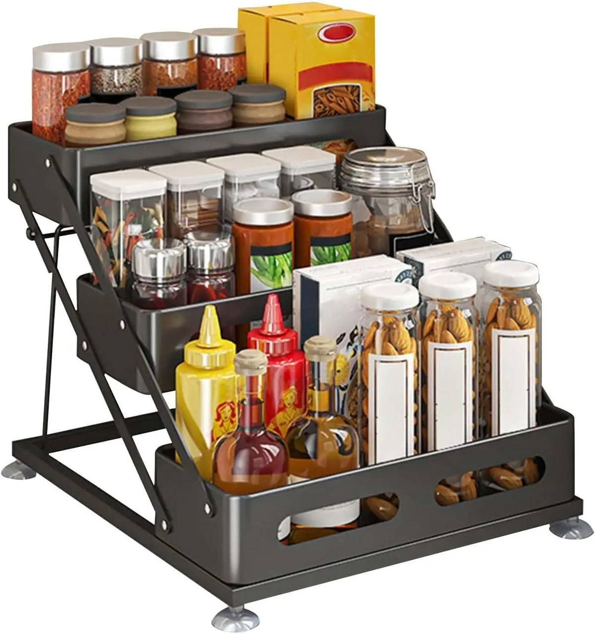 Carbon Steel Tiered Spice Rack with Non-Slip Suction Cups, 3-Tiers Countertop Spice Rack, Adjusted Height 10-10.8Inch, Space-Saving for Kitchen Desktop