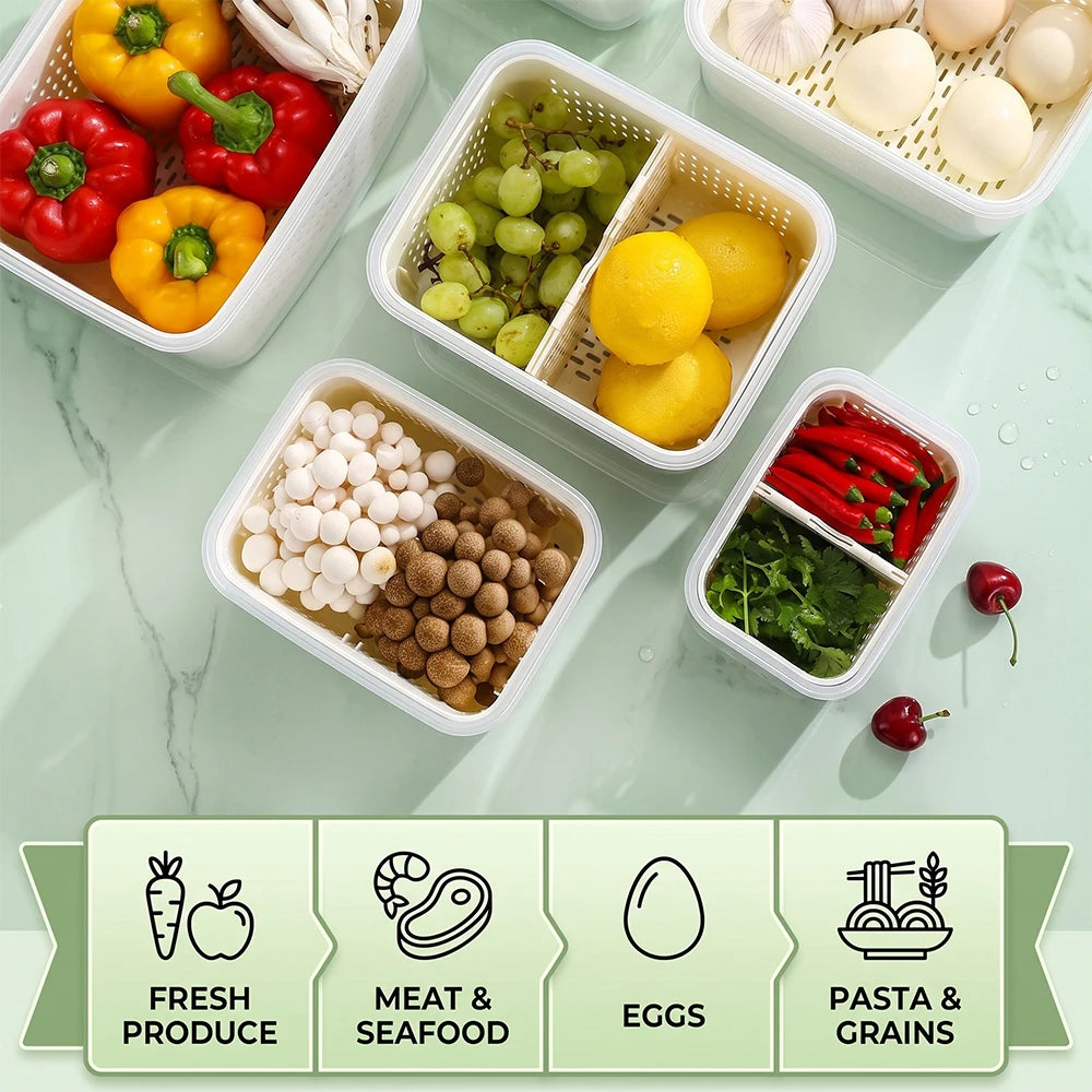 4 Pack Double Layer Fridge Storage Organizer Box PP Leakproof Food Container with Drain Basket Portable Handle Divider Clear Vegetable Fruit Fresh Keeper Refrigerator Organizer Bins