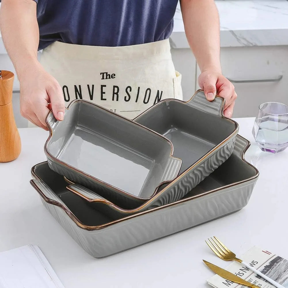 3-Piece Ceramic Baking Dish Set, Rectangular Casserole Dishes, 9x13 Lasagna Pans, Oven Safe to 500°F, Easy Clean, Texture Design