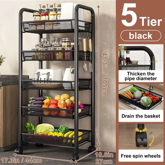 5 Tier Rolling Utility Cart with Wheels, Heavy Duty Metal Storage Organizer Trolley with Hooks and Removable Baskets, Multi-Purp