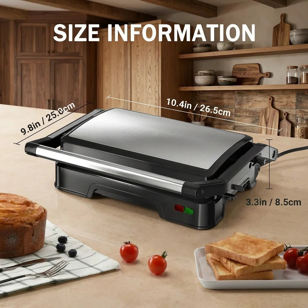 Panini Grill Press - 2-Slice, 180° Opening, Non-Stick Stainless Steel Plates for Versatile Grilling, Toasting, and Cooking, 900W