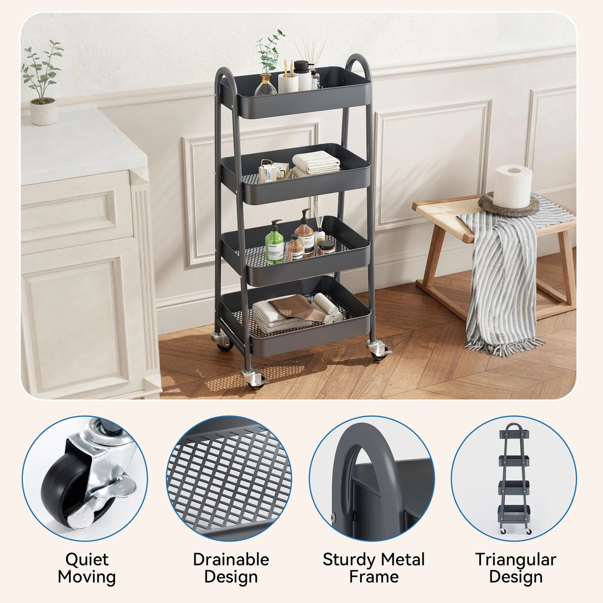 JHK 4 Tier Metal Storage Kitchen Cart with Lockable Wheels Mobile Shelving Unit Utility Rolling Organizer For Home Narrow Places