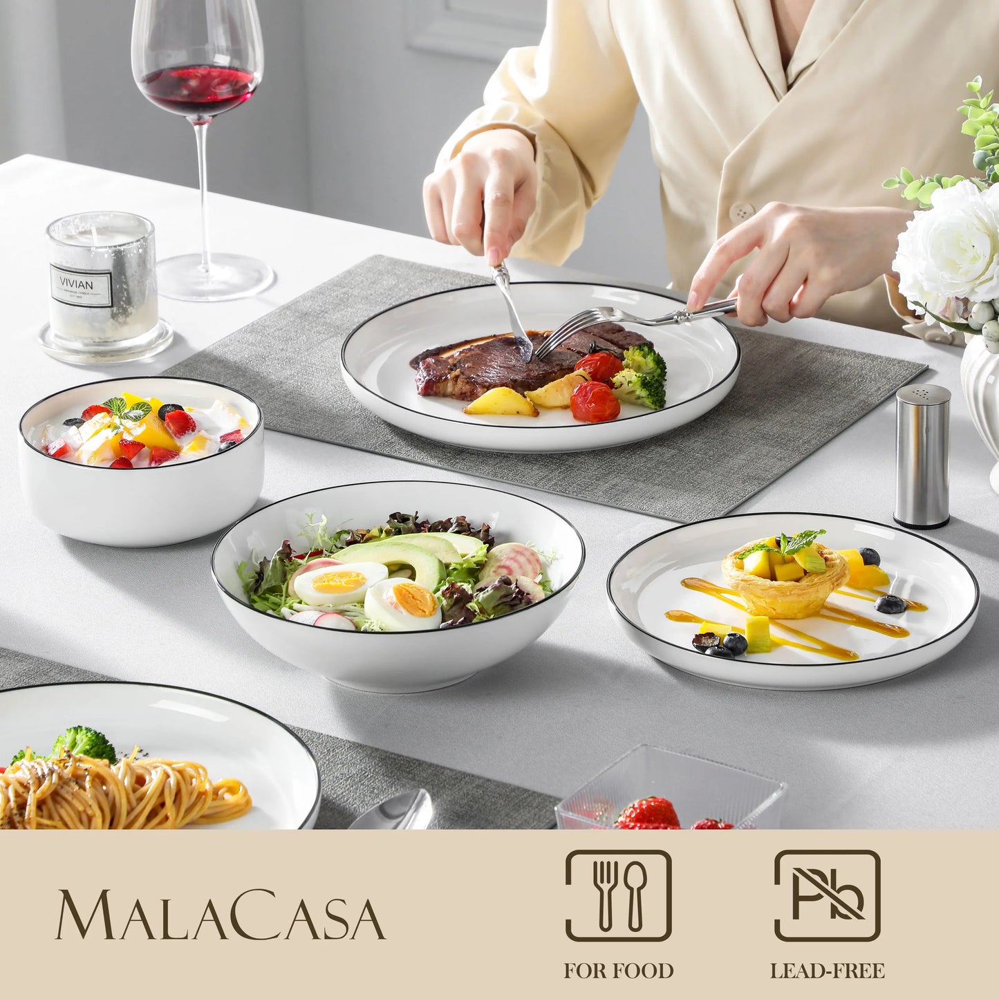 MALACASA Ceramic Dinnerware Set Porcelain Plates And Bowls For 6
